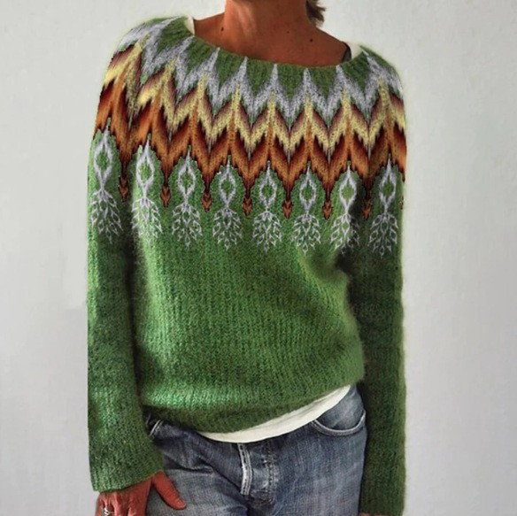 Josefa | Jersey Verde de Punto con Canesú Nórdico de Colores