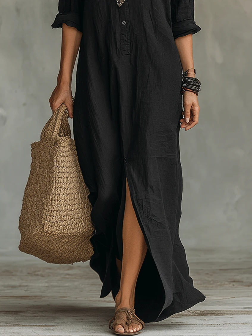 Rosalía | Vestido Largo Camisero de Verano Manga Larga Mujer Escote V