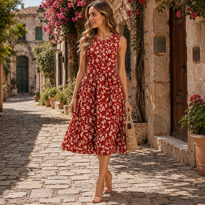 Noemí | Vestido Midi Sin Mangas con Rayas y Cuello Redondo