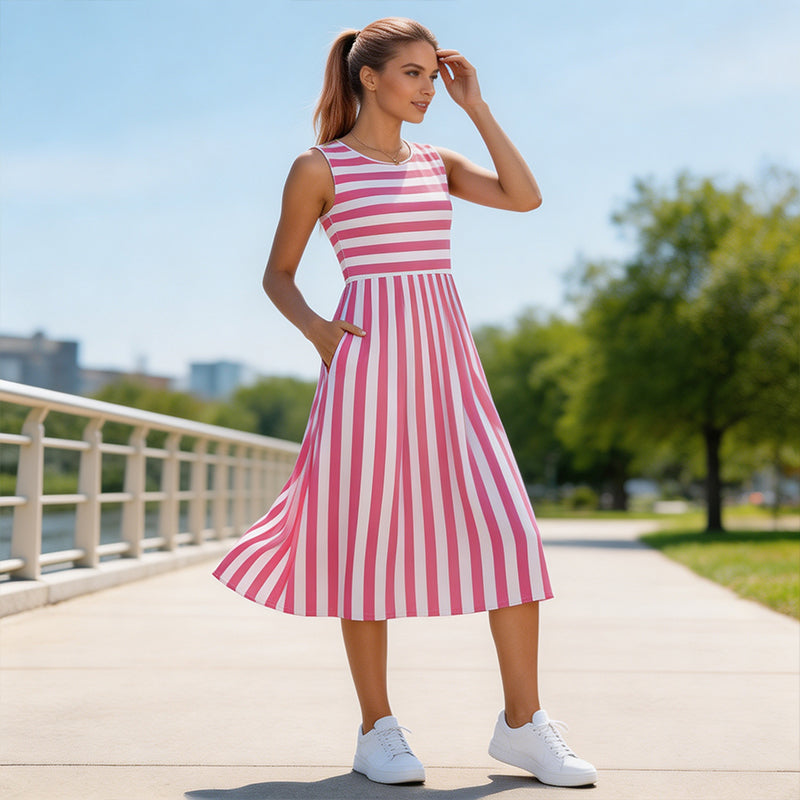Noemí | Vestido Midi Sin Mangas con Rayas y Cuello Redondo