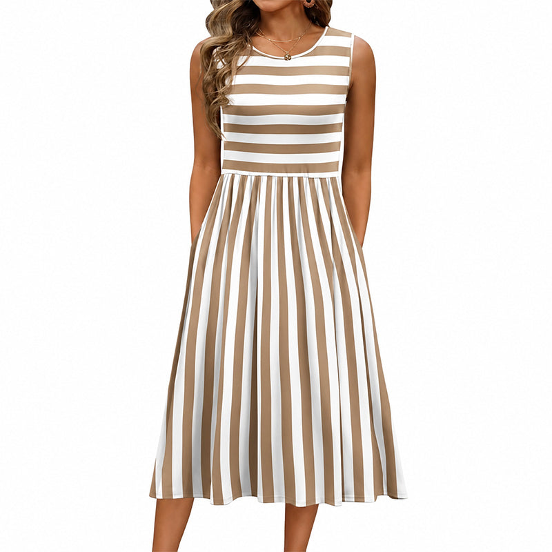 Noemí | Vestido Midi Sin Mangas con Rayas y Cuello Redondo