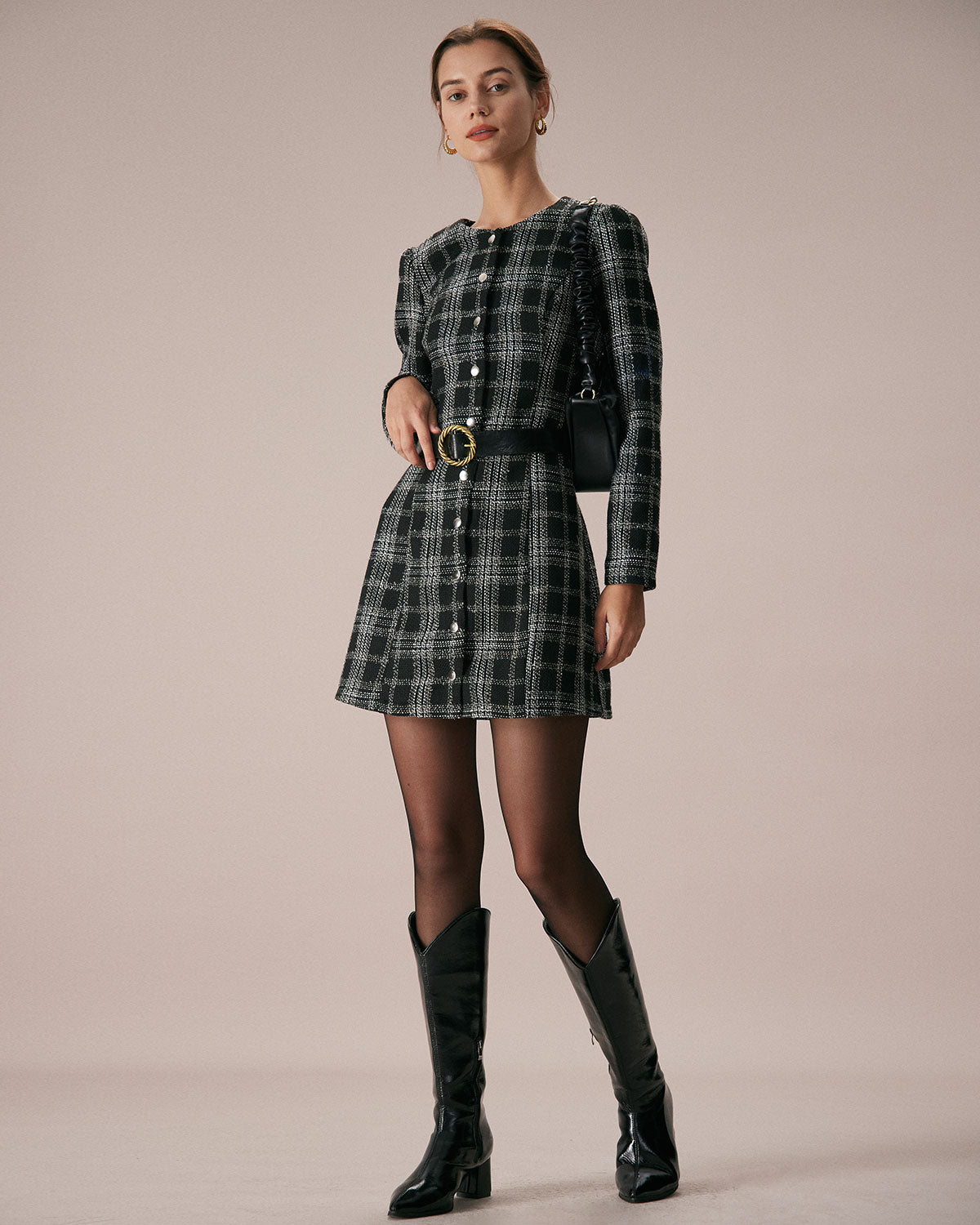 Minivestido Negro de Cuadros Cuello Redondo Línea A