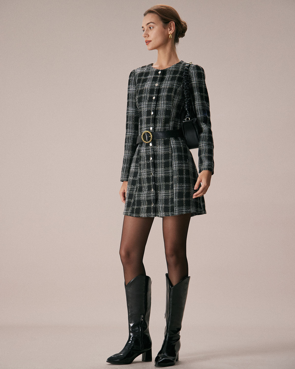 Minivestido Negro de Cuadros Cuello Redondo Línea A