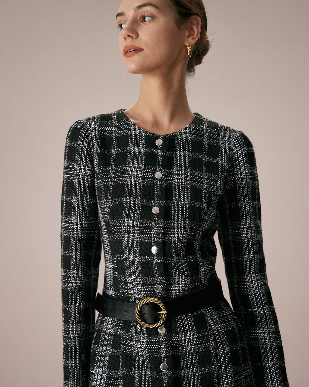 Minivestido Negro de Cuadros Cuello Redondo Línea A