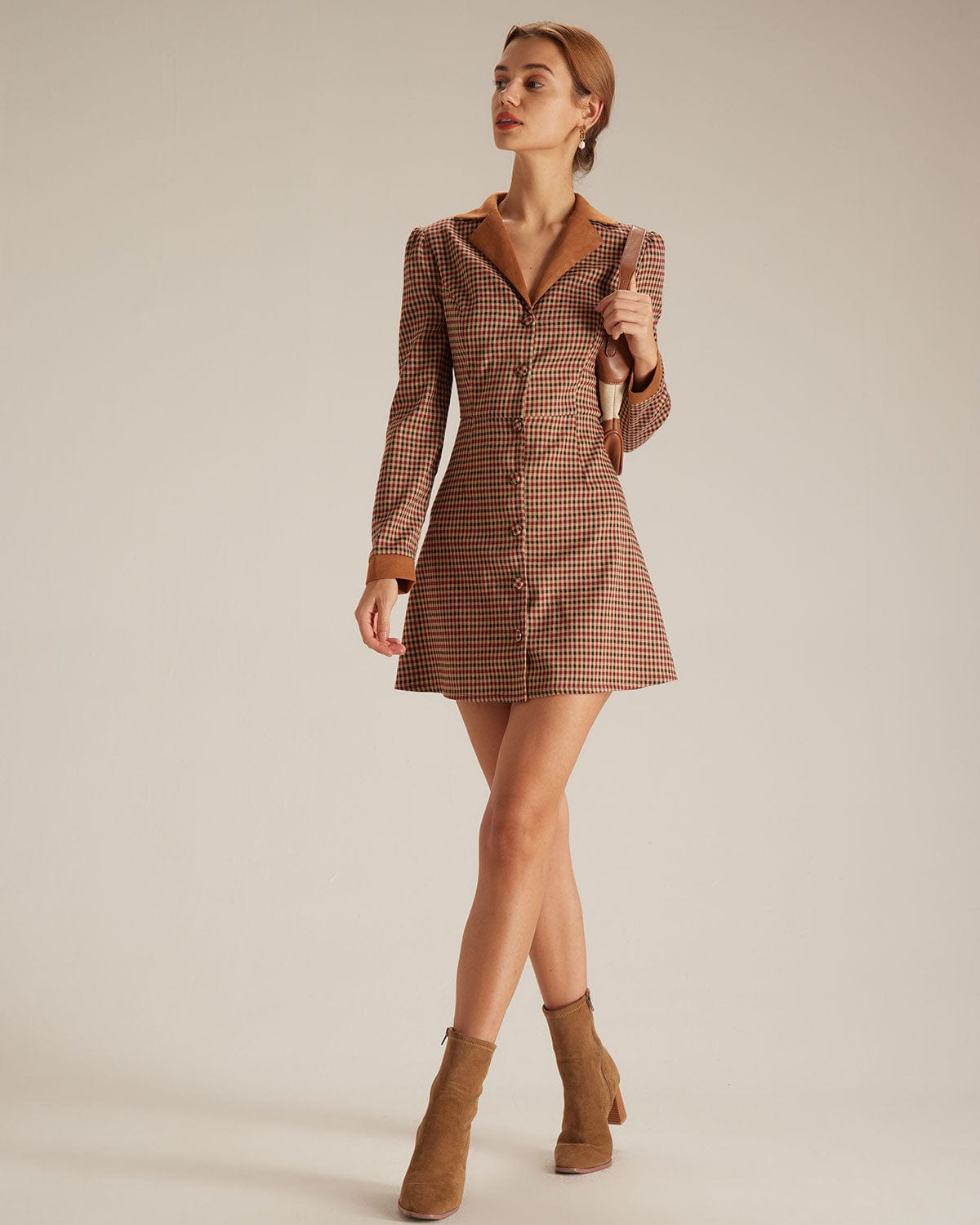 Minivestido Marrón de Cuadros con Combinación de Ante