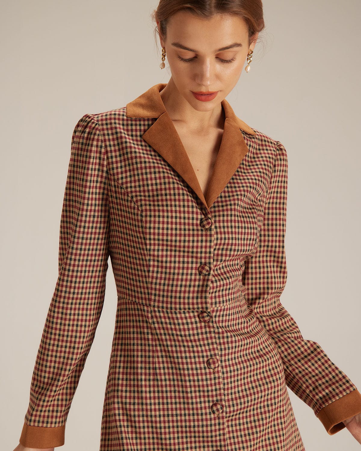 Minivestido Marrón de Cuadros con Combinación de Ante