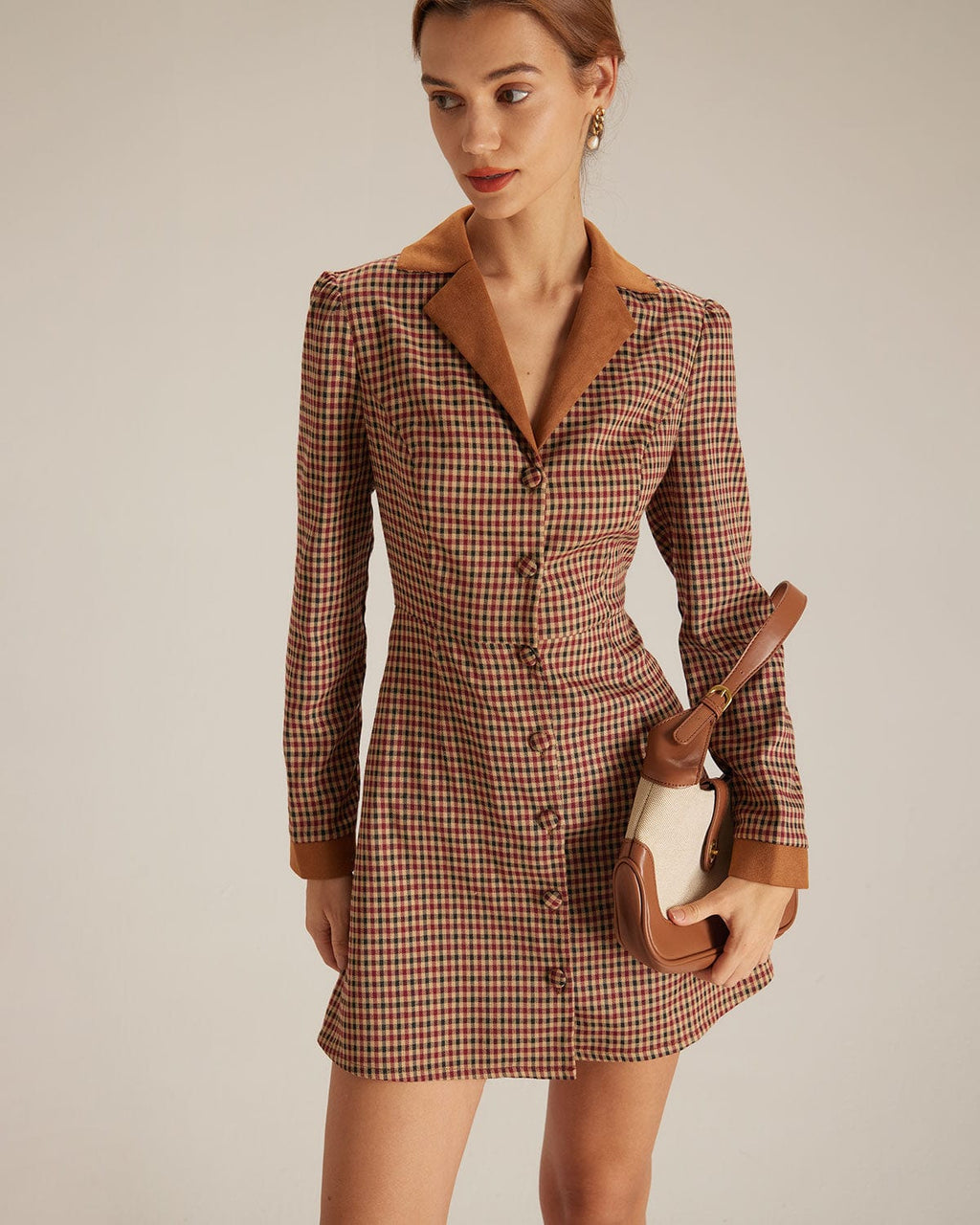Minivestido Marrón de Cuadros con Combinación de Ante