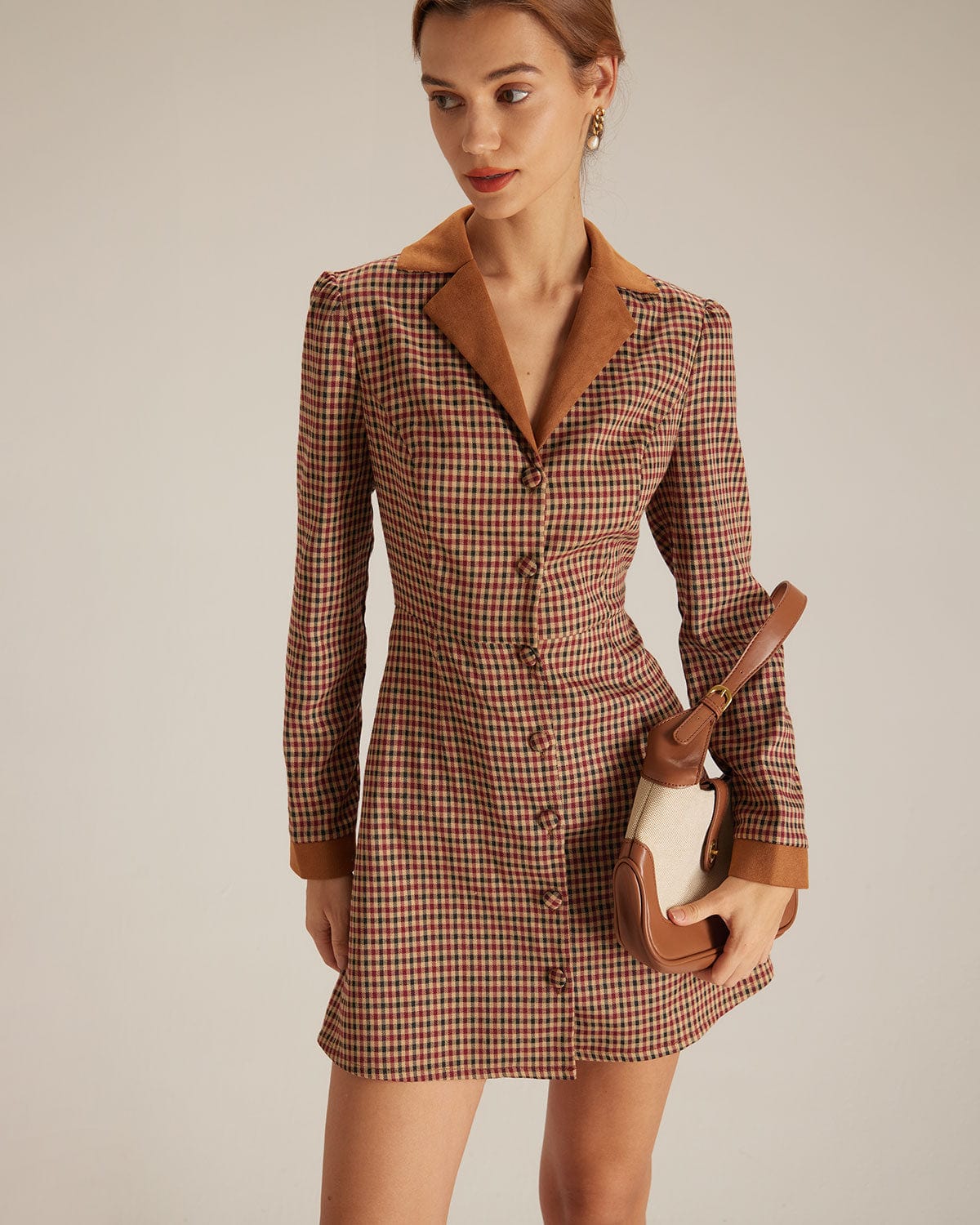 Minivestido Marrón de Cuadros con Combinación de Ante