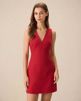 Minivestido Rojo Sin Mangas de Lino con Escote en V