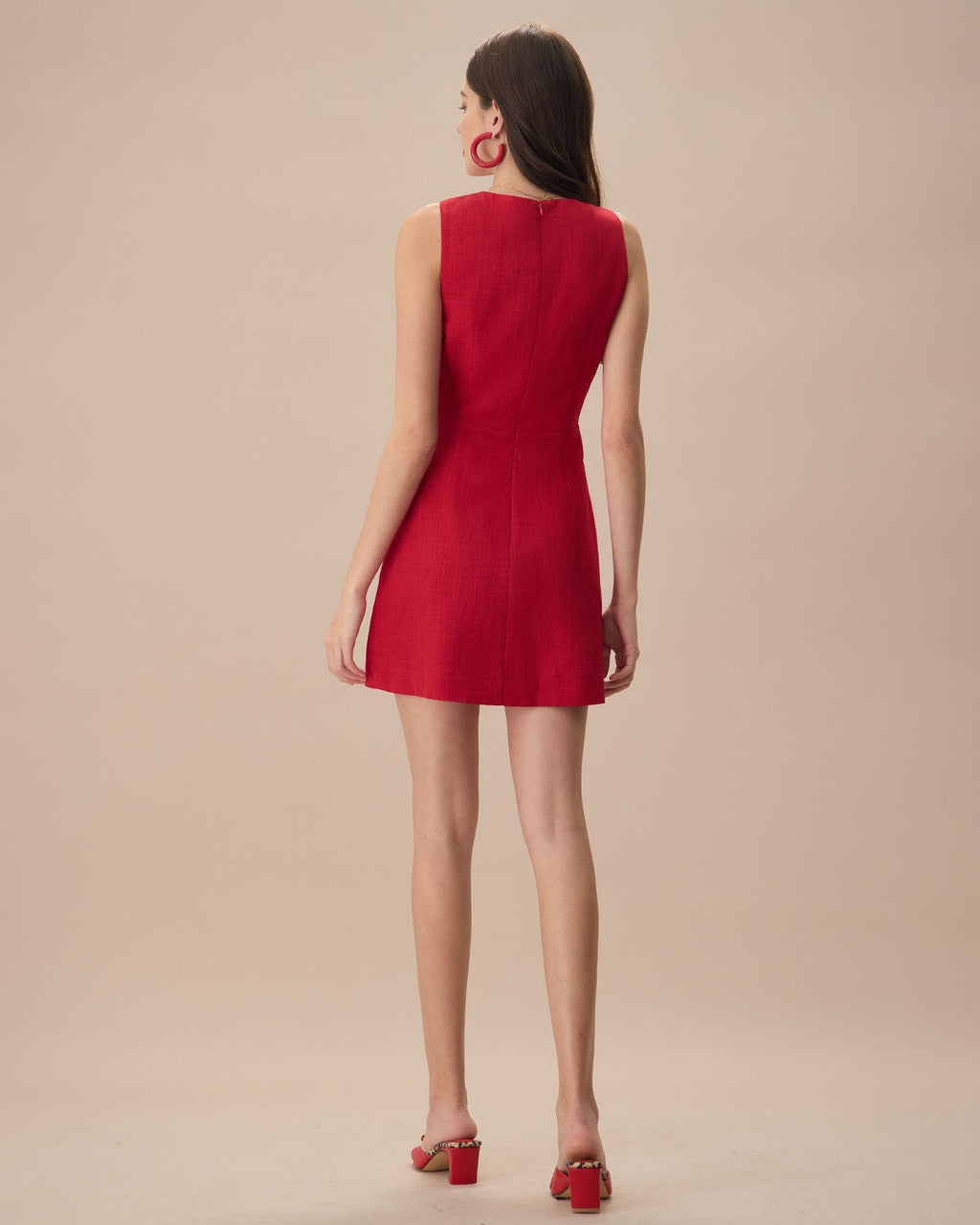 Minivestido Rojo Sin Mangas de Lino con Escote en V