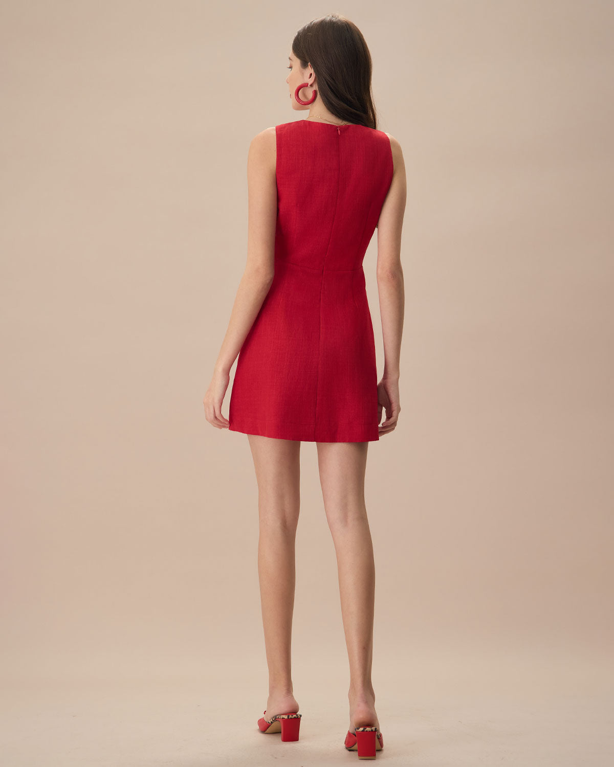 Minivestido Rojo Sin Mangas de Lino con Escote en V