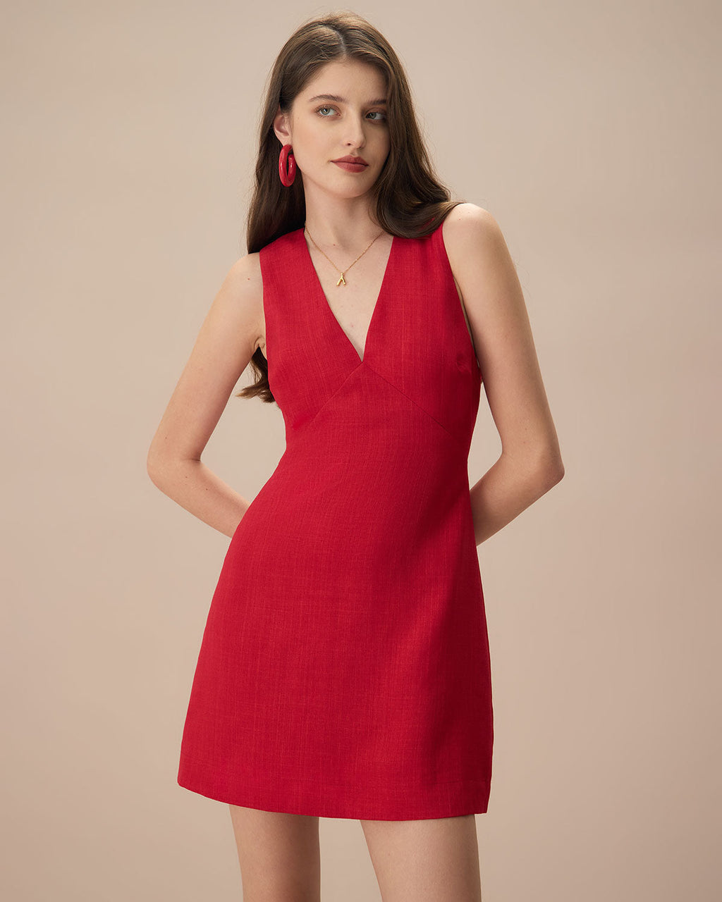 Minivestido Rojo Sin Mangas de Lino con Escote en V