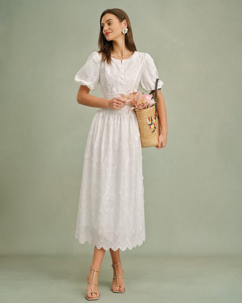 Vestido midi blanco de algodón para verano, cuerpo entero