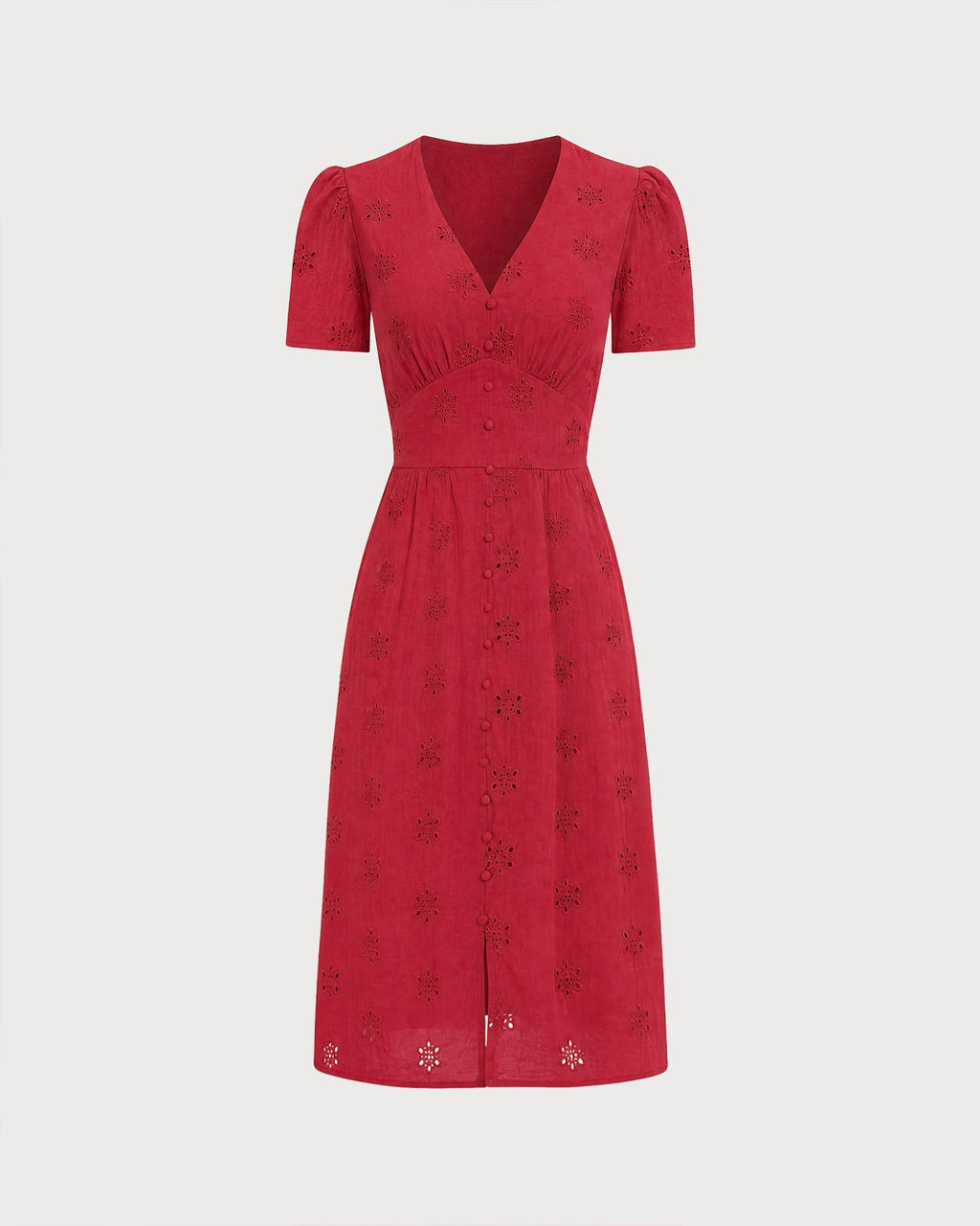 Vestido midi rojo con fruncido en el talle, vista de detalle