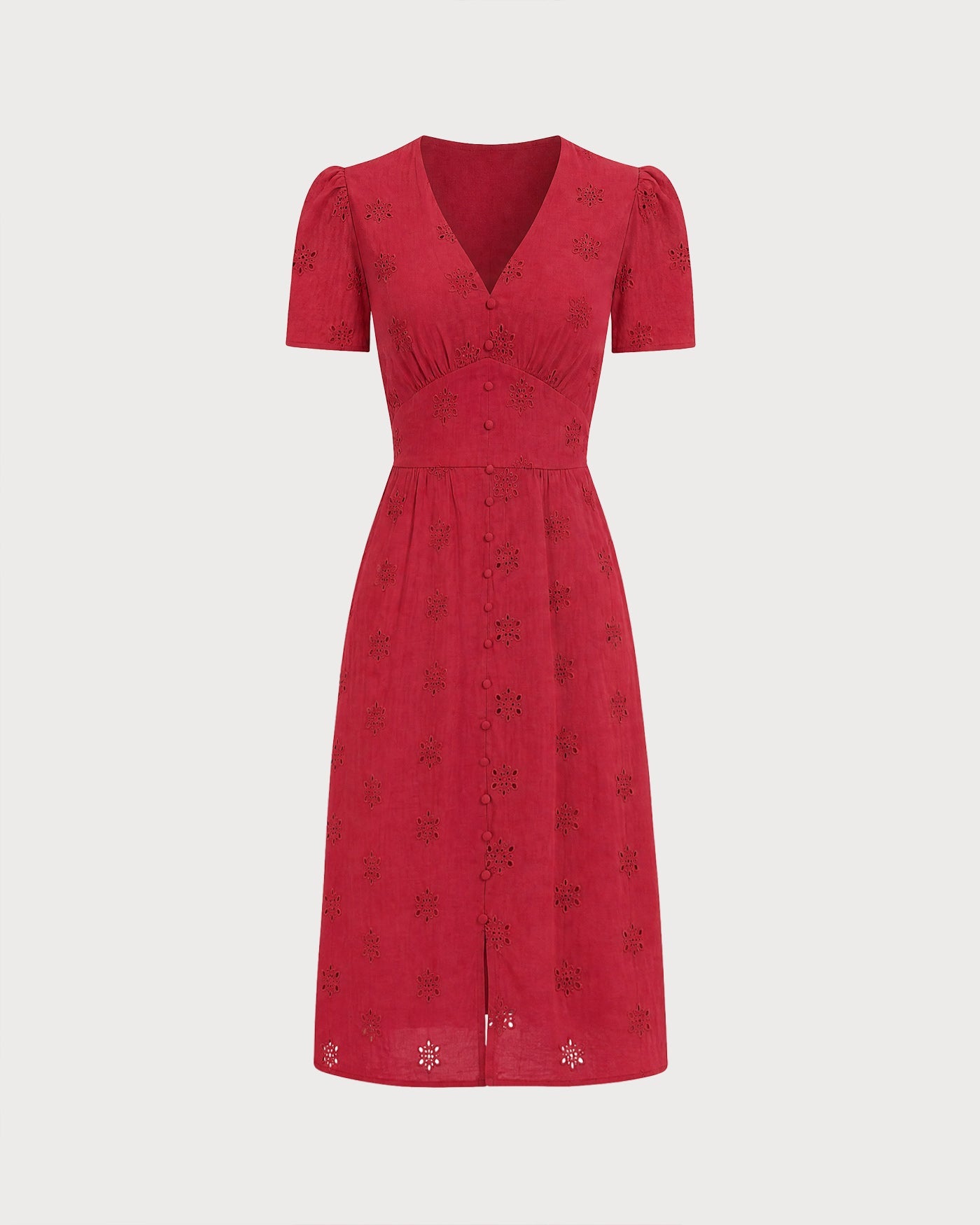 Vestido midi rojo con fruncido en el talle, vista de detalle