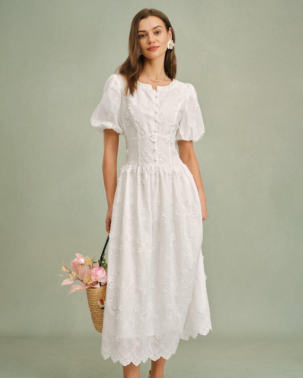 Vestido midi blanco de algodón bordado Blanca con cuello redondo, vista frontal