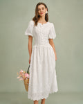 Vestido midi blanco de algodón bordado Blanca con cuello redondo, vista frontal