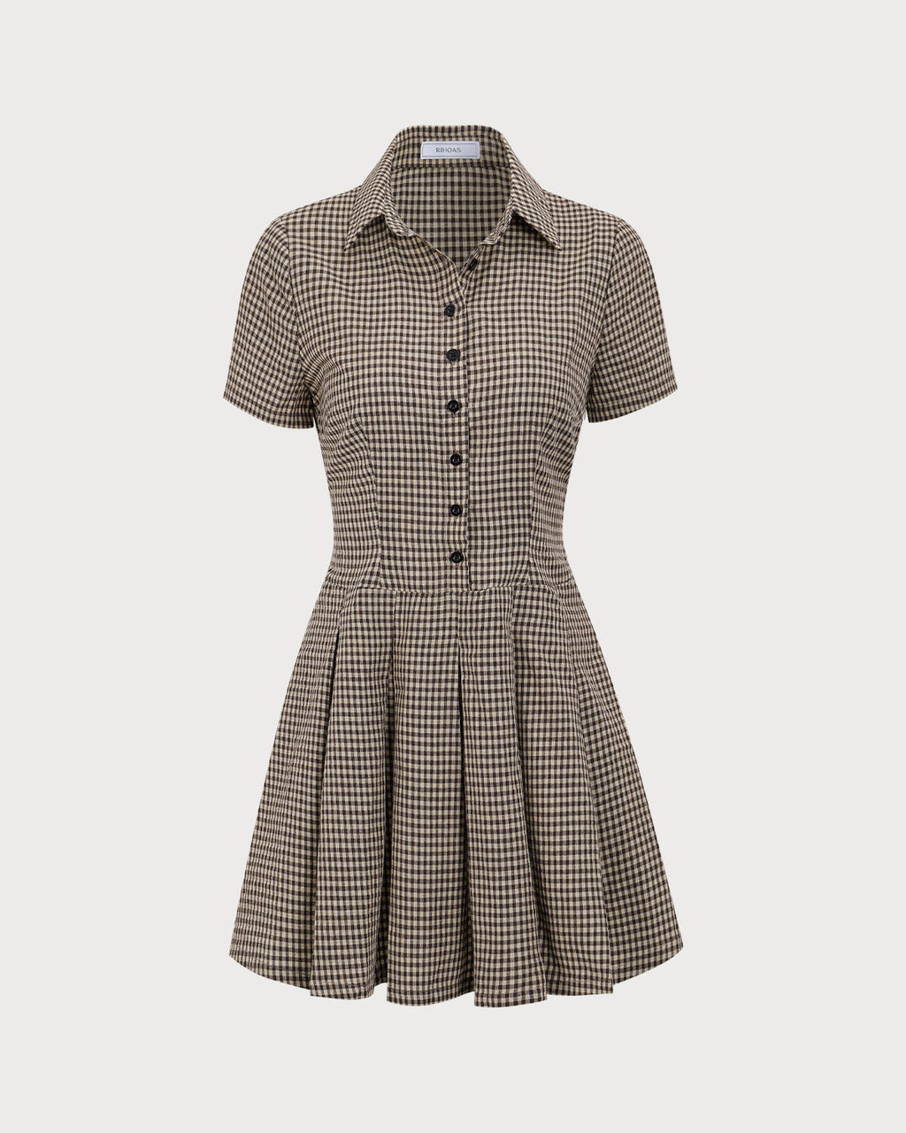 Minivestido Marrón de Cuadros con Solapa y Falda Plisada