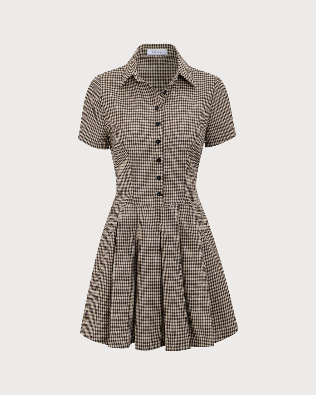 Minivestido Marrón de Cuadros con Solapa y Falda Plisada