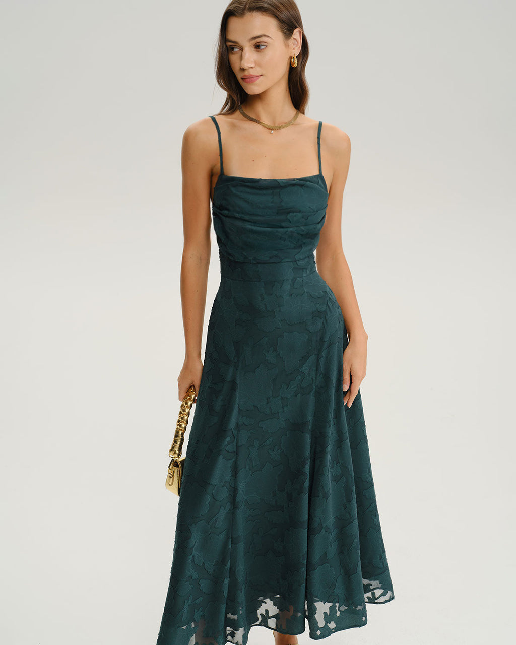Vestido largo de jacquard verde Esmeralda con escote cuadrado, vista frontal