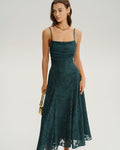 Vestido largo de jacquard verde Esmeralda con escote cuadrado, vista frontal