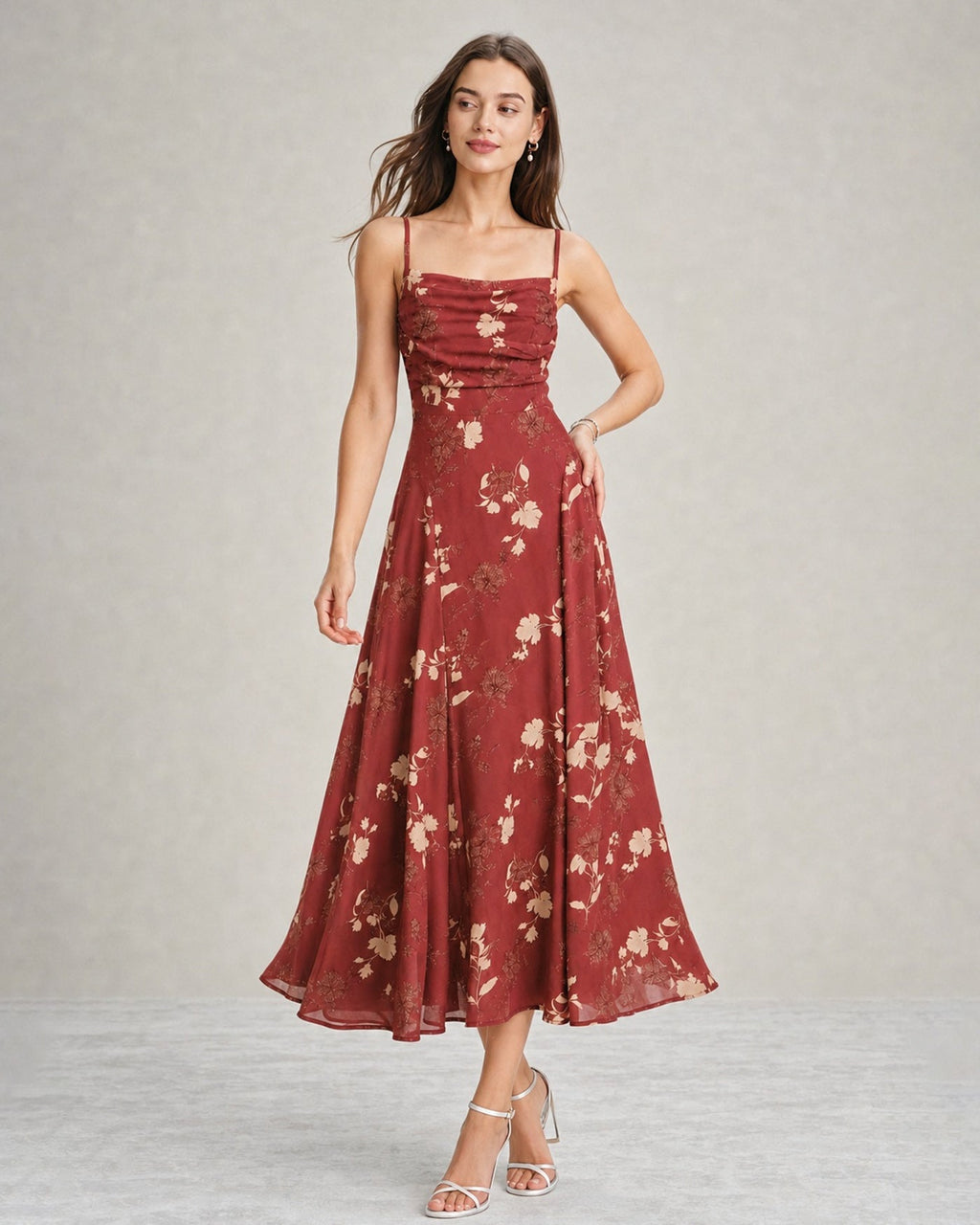Vestido Maxi Floral Escote Cuadrado Cruzado Rojo