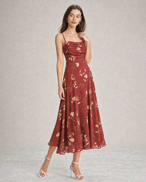 Vestido Maxi Floral Escote Cuadrado Cruzado Rojo