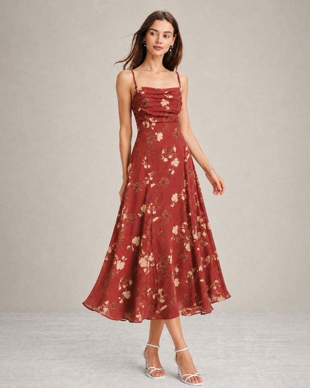 Vestido Maxi Floral Escote Cuadrado Cruzado Rojo