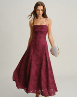 Aurora | Vestido Largo de Jacquard Burdeos Mujer Escote Cuadrado Espalda Cruzada