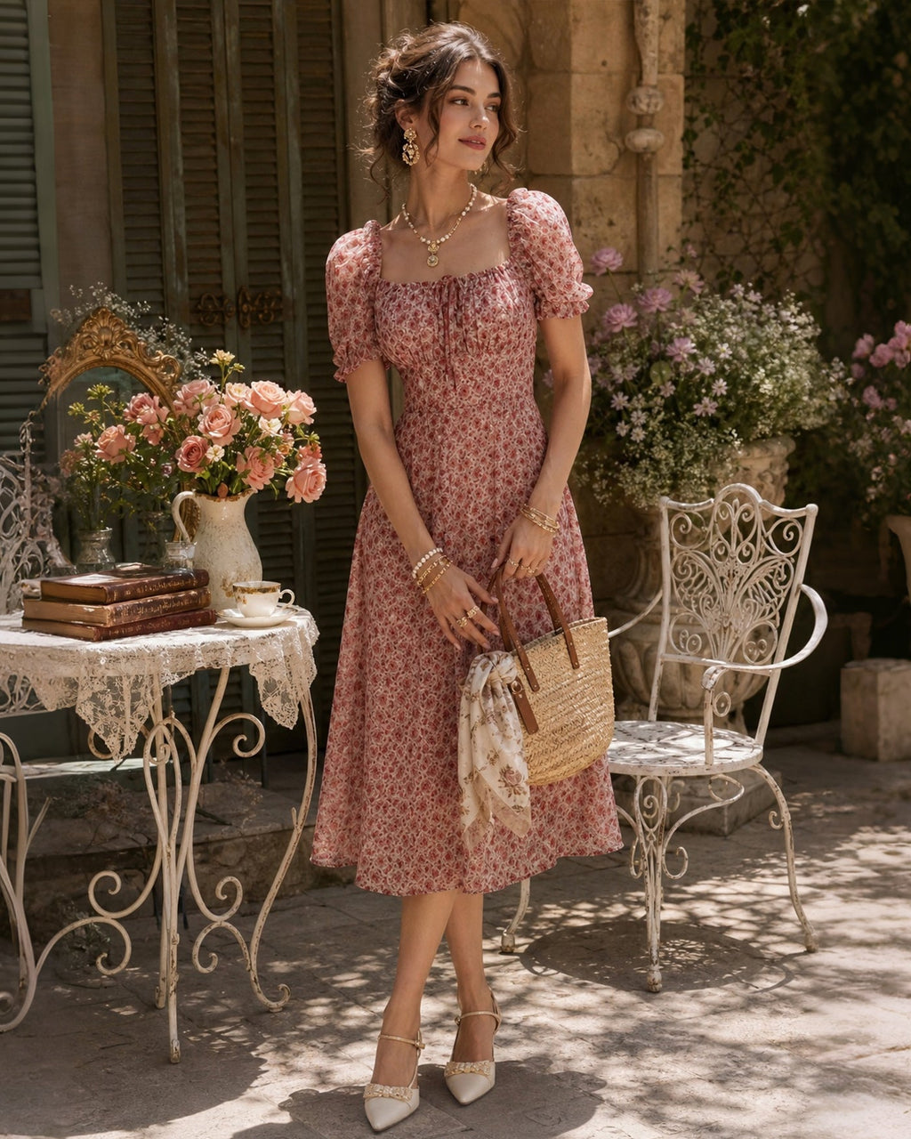 Vestido midi rosa con escote cuadrado en la espalda, vista trasera