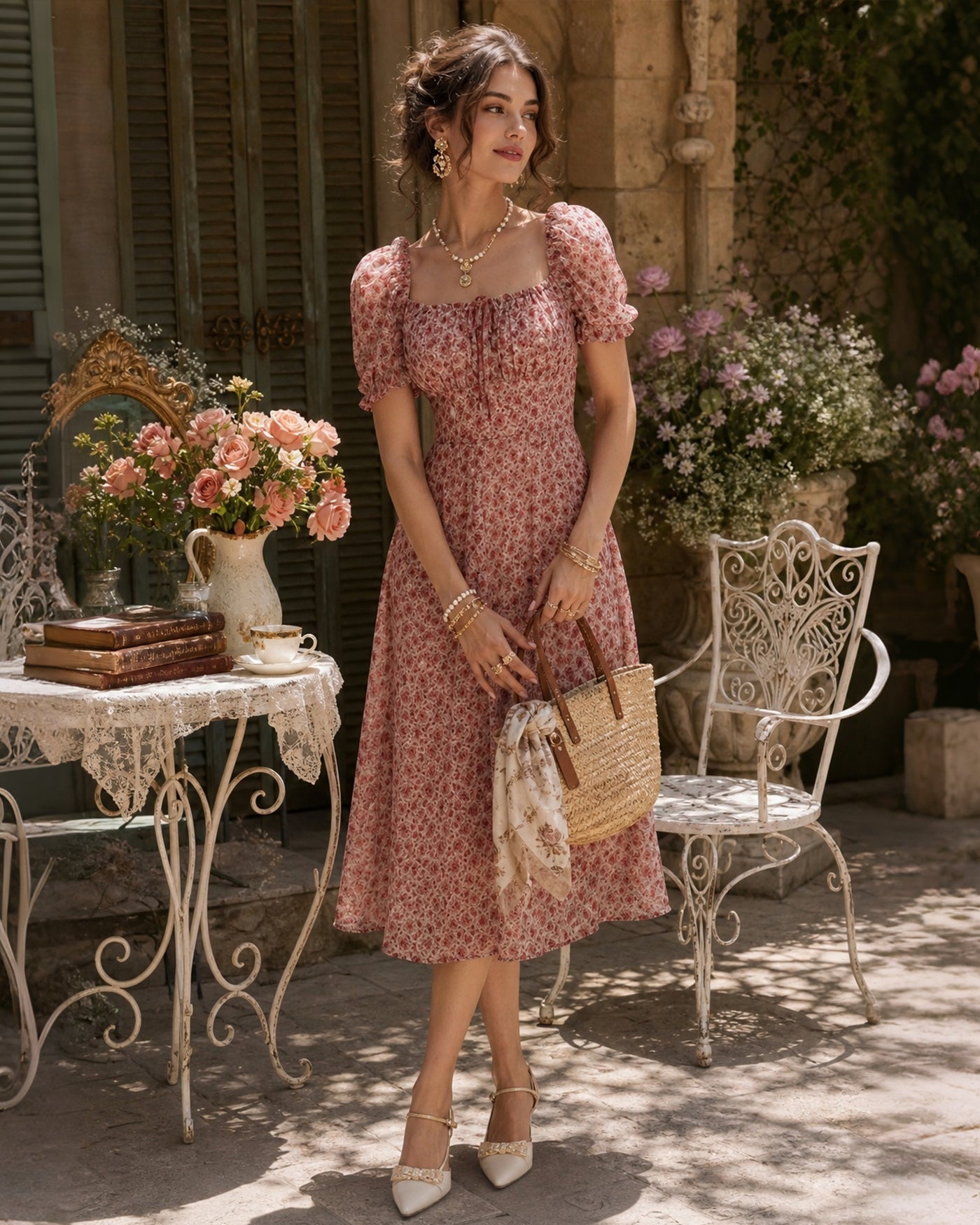 Vestido midi rosa con escote cuadrado en la espalda, vista trasera