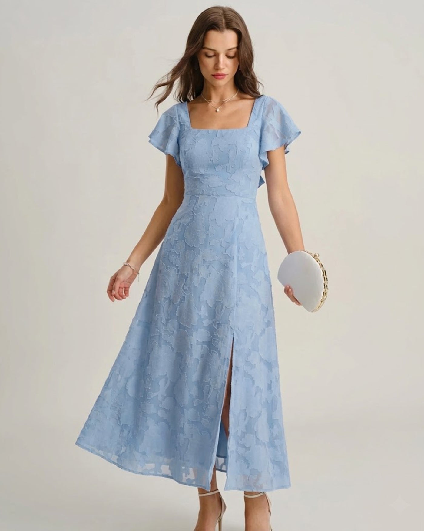 Vestido midi de jacquard floral azul Teresa con escote cuadrado, vista frontal