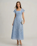 Vestido midi azul con espalda descubierta y lazada, vista trasera
