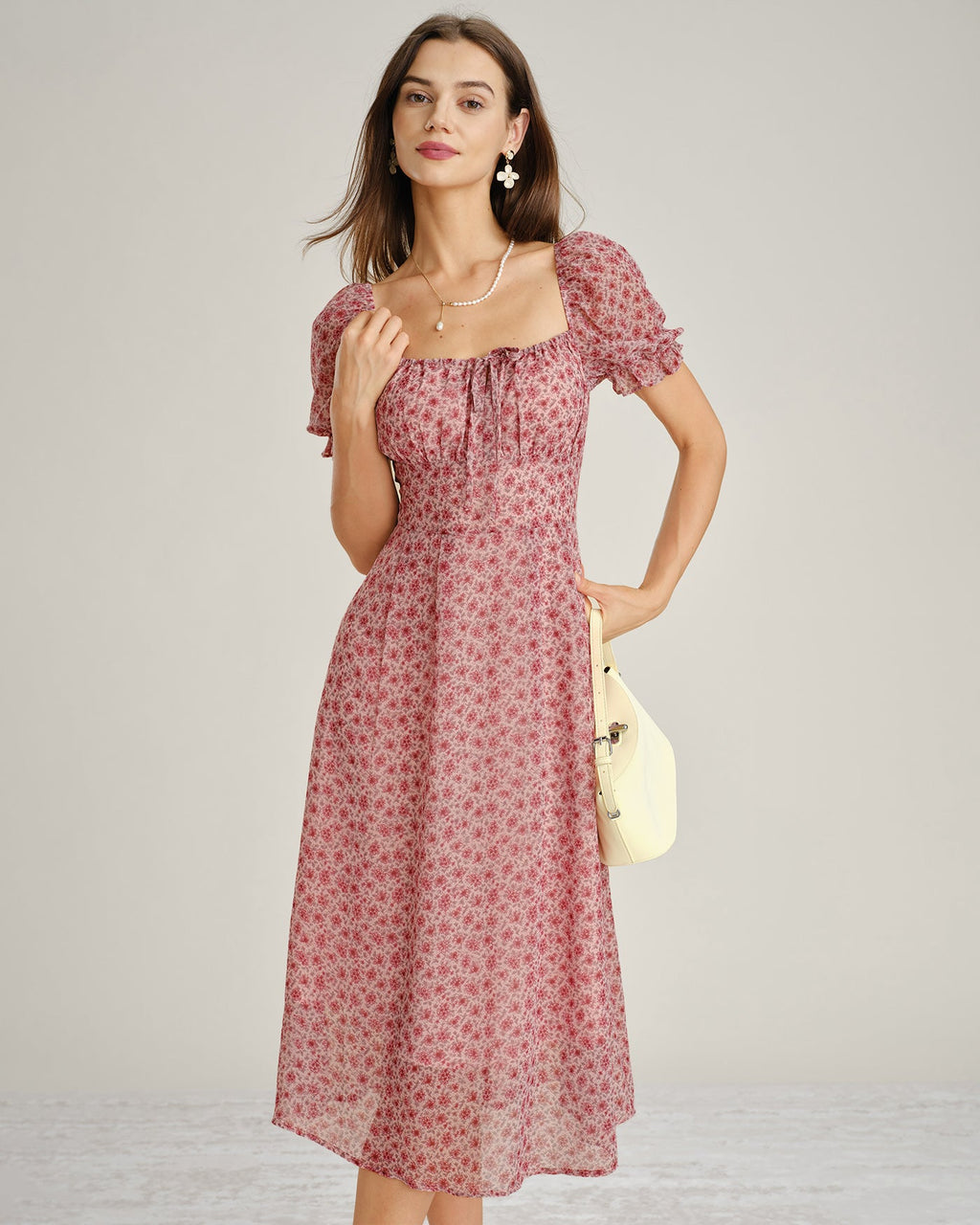 Vestido midi rosa con manga abullonada y volante, vista lateral