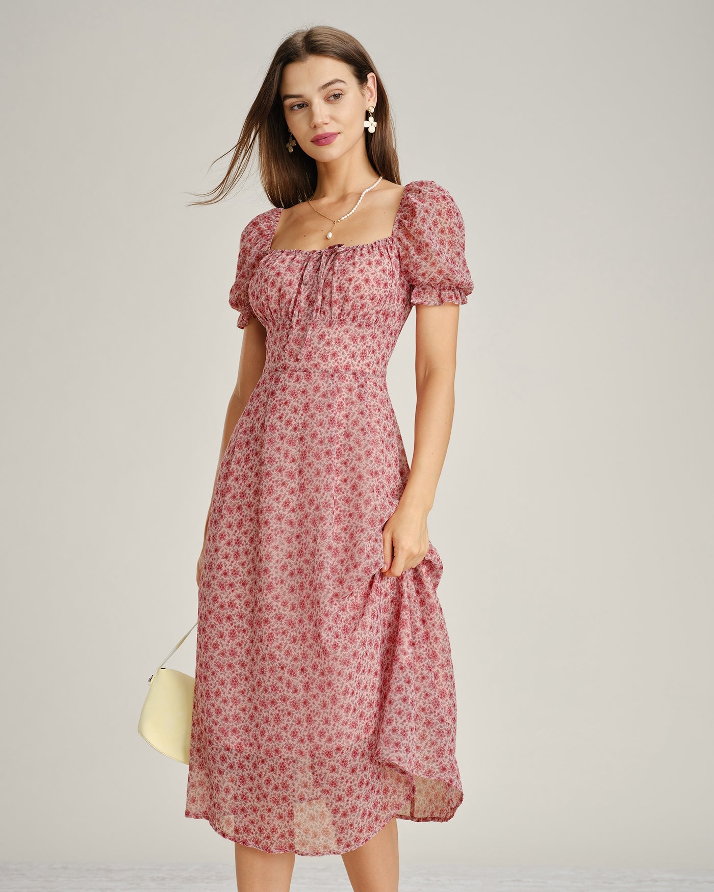 Vestido midi de gasa floral rosa, cuerpo entero